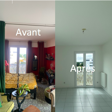 Comparaison Avant/après : à gauche, pièce avant vide maison (Chargée de meuble et décoration) ; à droite, après (Entièrement vide et claire)