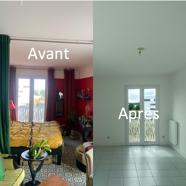 Comparaison Avant/après : à gauche, pièce avant vide maison (Chargée de meuble et décoration) ; à droite, après (Entièrement vide et claire)