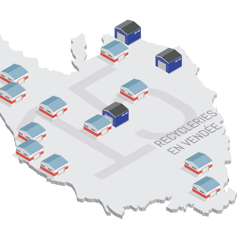 Carte du département indiquant l'emplacement des différentes recyclerie en Vendée.