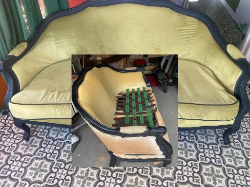 Avant : Corbeille en mauvais état et sans tissus ni mousse et la même Corbeille de style retapissée de velours vert après restauration