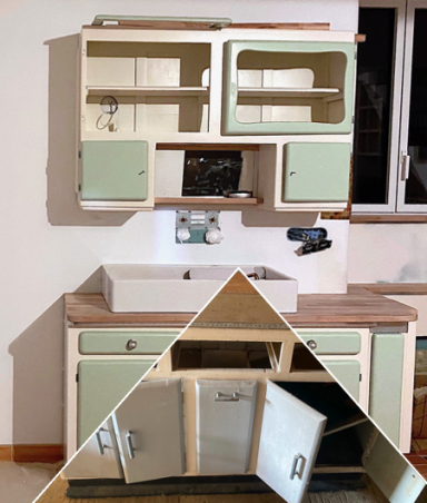Meuble mado Crême et vert réutilisé en dans une cuisine sous et au dessus de l'évier et le même meuble dans son jus avant réutilisation