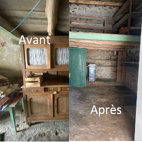 Garage remise dépendance avec mezzanine  entièrement vidés et nettoyés . Le même encombré d'un grand meuble vaisselier, table et cartons.