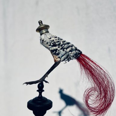 Oiseau coloré sur une patte avec une longue queue rouge, posé sur un support décoratif.