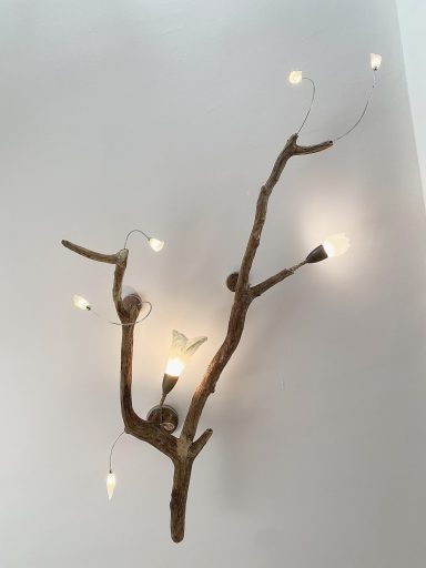 Lustre monumental en bois flotté et grandes tulipes de verre Art déco en forme d'arum.