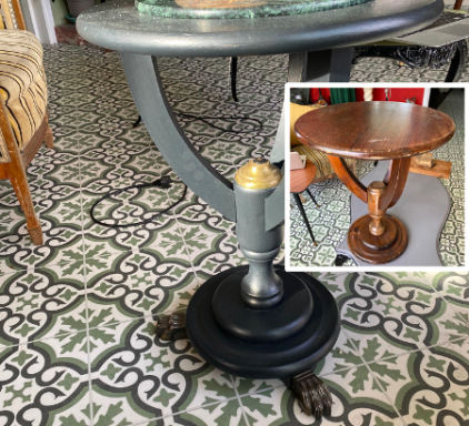 Photo avant d'un guéridon rond au socle rond en bois et le même après relooking, repeint en noir et 3 pieds de lion napoléon III au socle. 