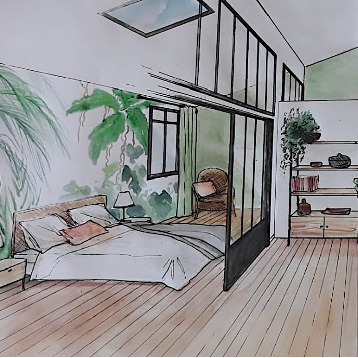 Étude (Dessin en couleur) d'un studio épuré pour permettre aux acheteurs de se projeter dans les espaces.