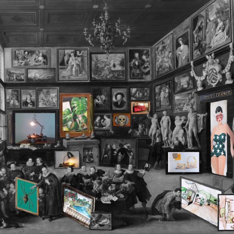 Tableau représentant un cabinet de curiosité en noir et blanc et créations uniques par les Alchimistes A&A Artisans et Artistes en couleur.